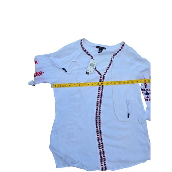 Grace Elements White Peasant Style Blouse With Embroidered Sleeves & Tassel Tie - Picture 4 of 5